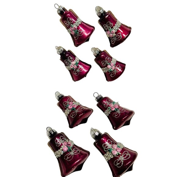 Vintage Glass Bell Christmas Ornaments Set Of 8 With Floral & Bow Design In Pink - Picture 2 of 7